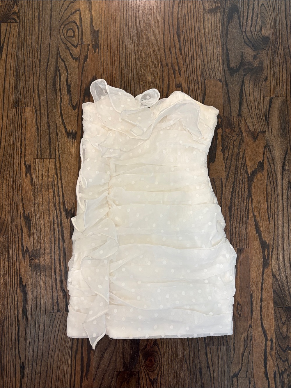 White Polka Dot Ruffle Strapless Mini Dress